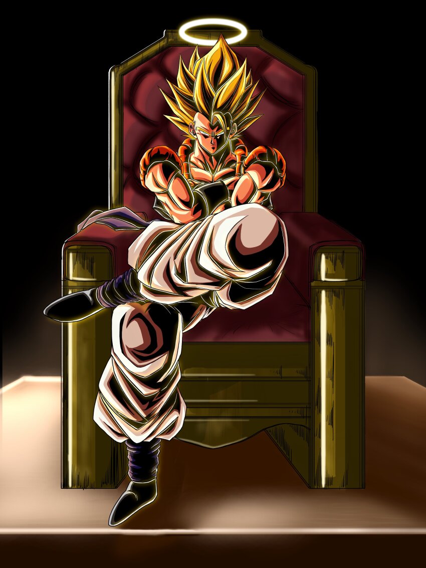 1boy absurdres black_background black_vest blonde_hair cropped_vest crossed_arms dragon_ball dragon_ball_z_dokkan_battle dragonball_z full_body gogeta green_eyes halo highres male_focus medium_hair metamoran_vest muscular muscular_male no_shirt open_clothes open_vest pants sai_t_d shadow simple_background sitting solo spiked_hair super_saiyan super_saiyan_1 throne vest white_pants