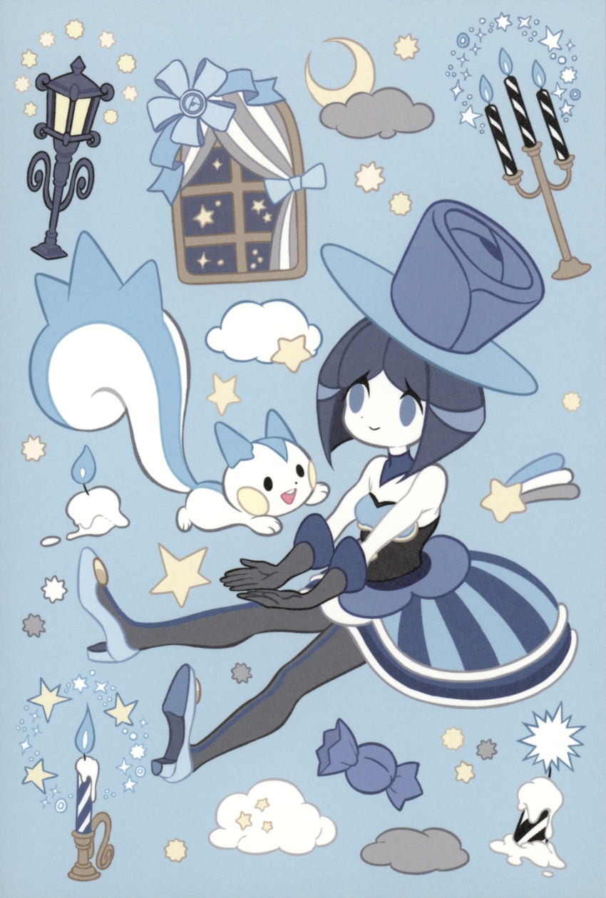 1girl absurdres bare_shoulders battle_chatelaine black_gloves black_pantyhose blue_background blue_dress blue_eyes blue_hair blue_hat blue_shoes blue_theme bob_cut candelabra candle candlestand candy chamooi closed_mouth cloud colored_skin commentary commentary_request curtains dress elbow_gloves evelyn_(pokemon) eyelashes fire food full_body gen_4_pokemon gloves hat high_heels highres lamppost nintendo official_art open_mouth pachirisu pantyhose pokemon pokemon_(creature) pokemon_xy rare_candy shoes shooting_star_(symbol) short_hair smile star_(sky) star_(symbol) teeth third-party_source top_hat upper_teeth_only white_skin window wrapped_candy