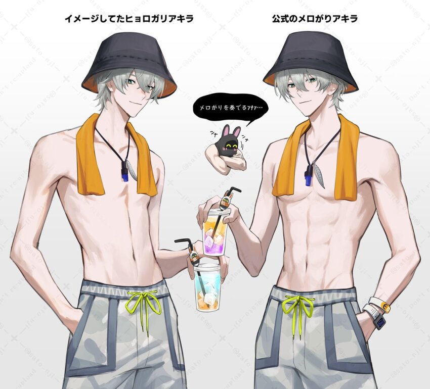 abs bucket_hat collarbone commentary_request cowboy_shot cup disposable_cup grey_hair hand_in_pocket hat holding male_focus navel official_alternate_costume pectorals sato_nji short_hair translation_request watch whistle whistle_around_neck wise_(peaceful_waves)_(zenless_zone_zero) wise_(zenless_zone_zero) wristwatch zenless_zone_zero