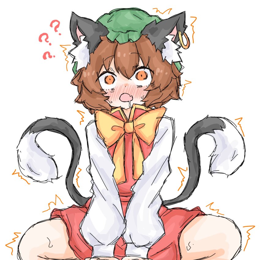 1girl ? animal_ear_fluff animal_ear_piercing animal_ears blush bow bowtie brown_eyes brown_hair cat_ears cat_tail chen dot_nose double-parted_bangs earrings fang flat_chest frills fumomono gold_trim hair_between_eyes hat highres jewelry long_sleeves mob_cap multiple_tails nekomata o_o open_mouth puffy_long_sleeves puffy_sleeves red_skirt red_vest short_hair simple_background single_earring skin_fang skirt skirt_set solo squatting tail touhou trembling two_tails vest white_background yellow_bow yellow_bowtie