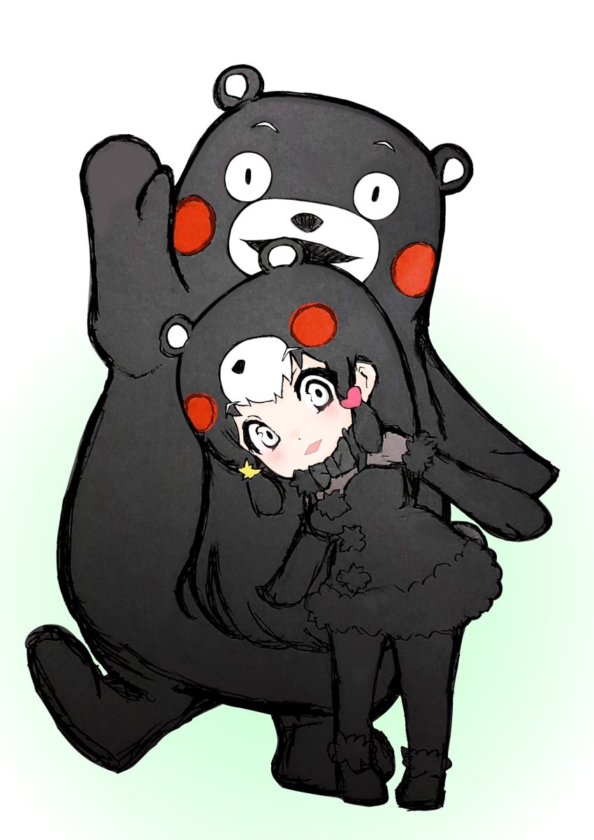 animal_ear_fluff black_dress black_gloves black_hair black_legwear chibi_kumamon_(kemono_friends) dress gloves highres kemo24v kemono_friends kemono_friends_3 kumamon long_hair simple_background