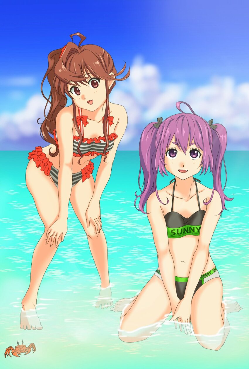 22/7 2girls ahoge bikini blue_sky brown_eyes brown_hair bxtbsy7q76gxh73 collarbone crab fang frilled_bikini frills full_body hair_ornament hands_on_own_knees highres leaning_forward long_hair looking_at_viewer multicolored_bikini multiple_girls navel ocean open_mouth outdoors purple_eyes purple_hair side_ponytail sitting sky smile swimsuit toda_jun tojo_yuki twintails wariza