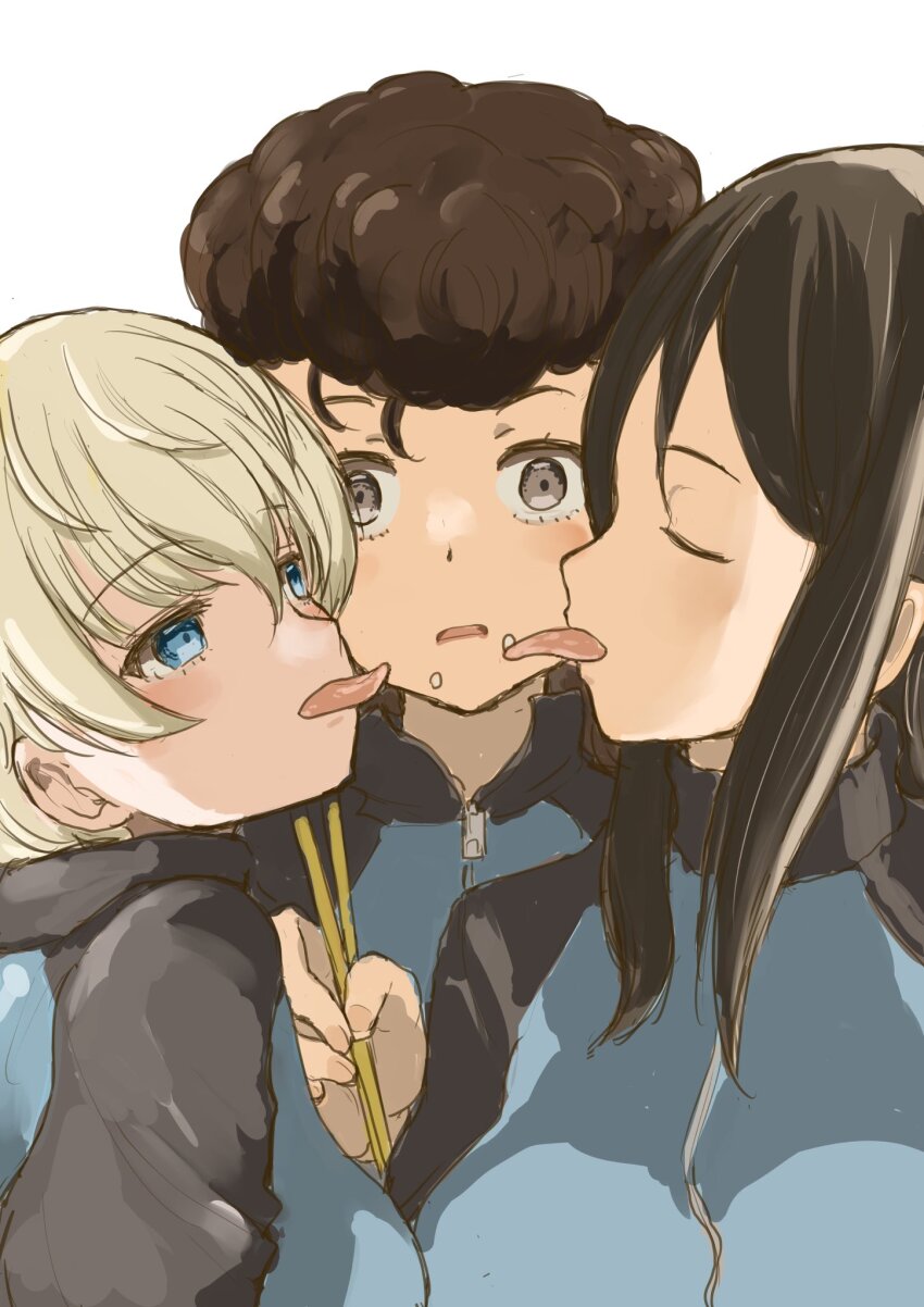 3girls black_hair blonde_hair blue_eyes blush breasts brown_hair chopsticks closed_eyes girls_und_panzer highres holding keizoku_military_uniform long_hair medium_breasts mika_(girls_und_panzer) multiple_girls murayama_kei pompadour short_hair simple_background tongue tongue_out upper_body white_background youko_(girls_und_panzer) yuri yuri_(girls_und_panzer)