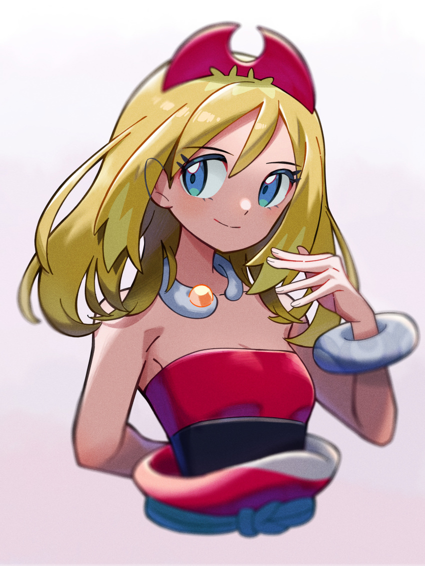 1girl absurdres alternate_hair_length alternate_hairstyle blonde_hair blue_eyes blurry bracelet closed_mouth collar commentary_request eyelashes hairband hand_up highres irida_(pokemon) jewelry long_hair nintendo nori_(hgdm2784) pokemon pokemon_legends:_arceus red_hairband sash shirt smile solo strapless strapless_shirt