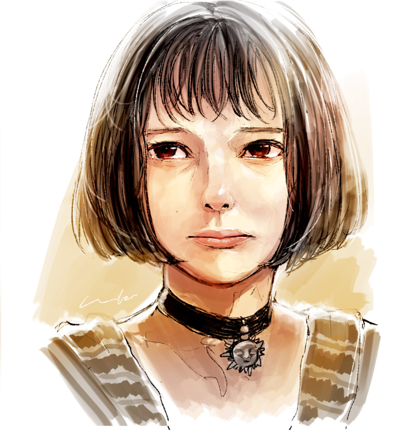 1girl absurdres black_choker black_shirt blunt_bangs bob_cut brown_background brown_eyes brown_hair choker closed_mouth commentary cropped_torso eyelashes grey_shirt highres leon_the_professional lips looking_afar mathilda_lando nose pendant_choker pink_lips shirt short_hair solo striped_clothes striped_shirt v-neck vignetting yasuko_(ysk_03611)