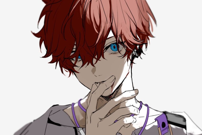 1boy amagi_hiiro blood blood_from_mouth blue_eyes close-up collarbone double-parted_bangs ensemble_stars! hair_between_eyes hair_over_one_eye hand_on_own_chin head_tilt looking_at_viewer male_focus nozz177 parted_lips red_hair sanpaku shadow shirt short_hair sidelighting simple_background solo wavy_hair white_background white_shirt