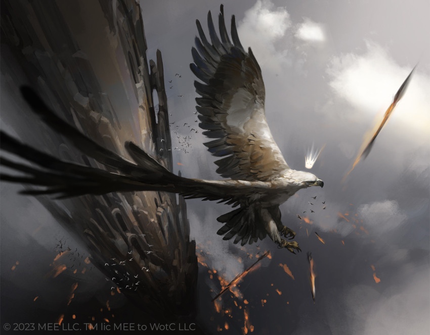 animal_focus animal_request arrow_(projectile) axelsauerwald beak bird check_animal cloud company_name copyright_notice crown day eagle feathered_wings flaming_arrow floating_crown flock flying foreshortening from_above lava magic:_the_gathering midair mini_crown official_art outdoors overcast painterly sky stone_pillar wings