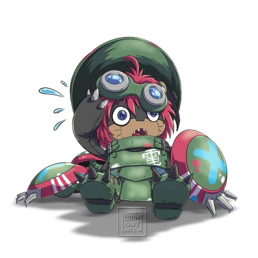 armor digimon digimon_(creature) goggles goggles_on_head green_armor ludomon red_hair sharp_teeth shield sitting solo teeth with_out_will