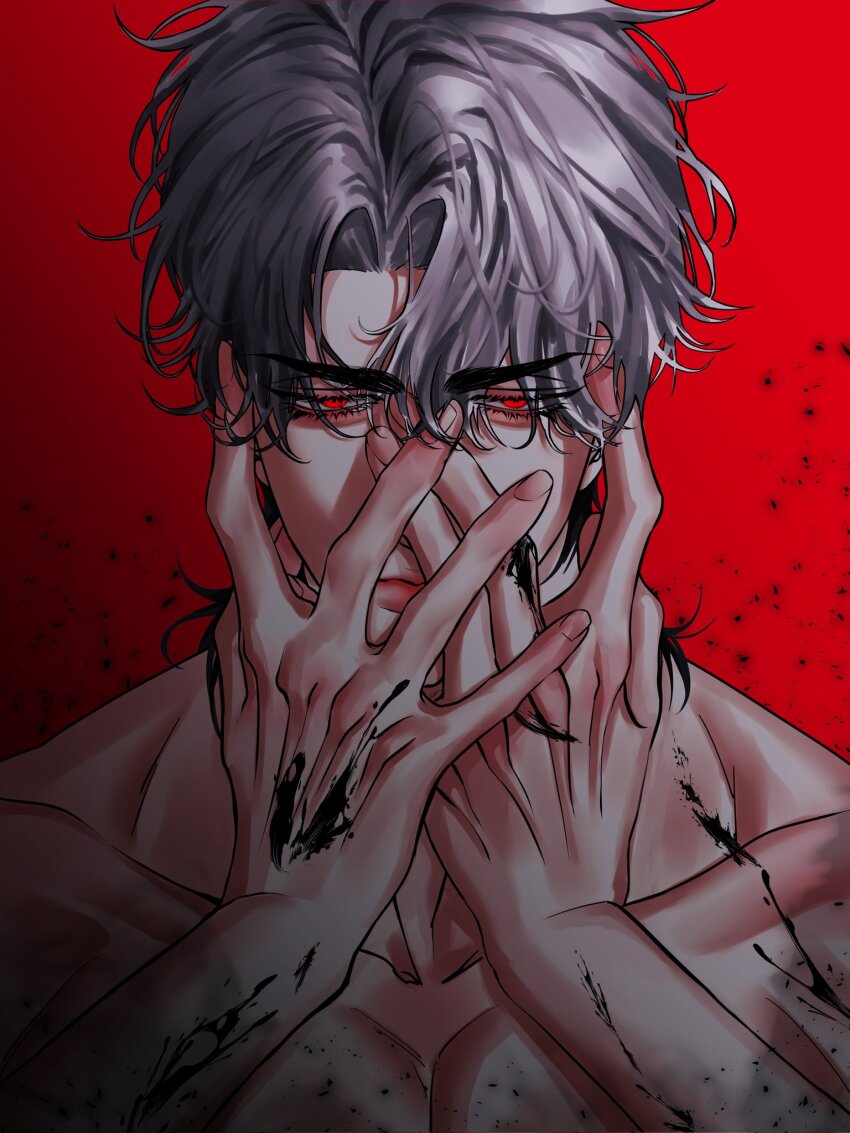 1boy black_hair closed_mouth collarbone commentary_request eunho_(plave) grey_hair hair_between_eyes hands_on_own_face highres korean_commentary lips looking_at_viewer male_focus pectoral_cleavage pectorals plave portrait red_background red_eyes short_hair solo toned toned_male topless_male tsurime yum_606