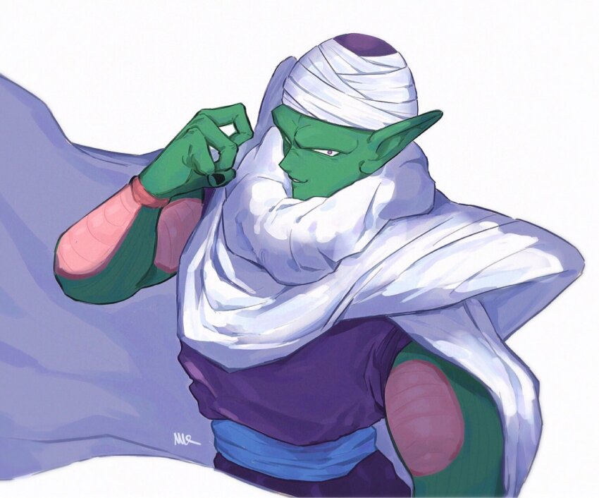 1boy aura_farming cape colored_skin dragon_ball furrowed_brow green_skin highres looking_at_viewer male_focus parted_lips piccolo pointy_ears signature simple_background solo turban vamos_mk white_background white_cape white_turban