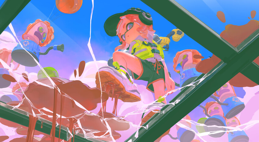 1girl absurdres arm_at_side balloon bare_legs baseball_cap black_hat black_shorts blue_eyes blue_sky choppy_bangs cloud colored_shoe_soles crack cracked_glass dorothyshan fang flat_chest from_below glass_floor grey_shirt hat high-visibility_clothing high-visibility_vest highres ink inkling inkling_girl inkling_player_character knee_up looking_at_viewer nintendo octarian_(enemy) octotrooper ooze orange_hair outdoors parted_lips red_pupils ringed_eyes shirt shoes short_eyebrows short_sleeves shorts sidelocks sky splatoon_(series) standing standing_on_one_leg sticky through_window turning_head white_shoes