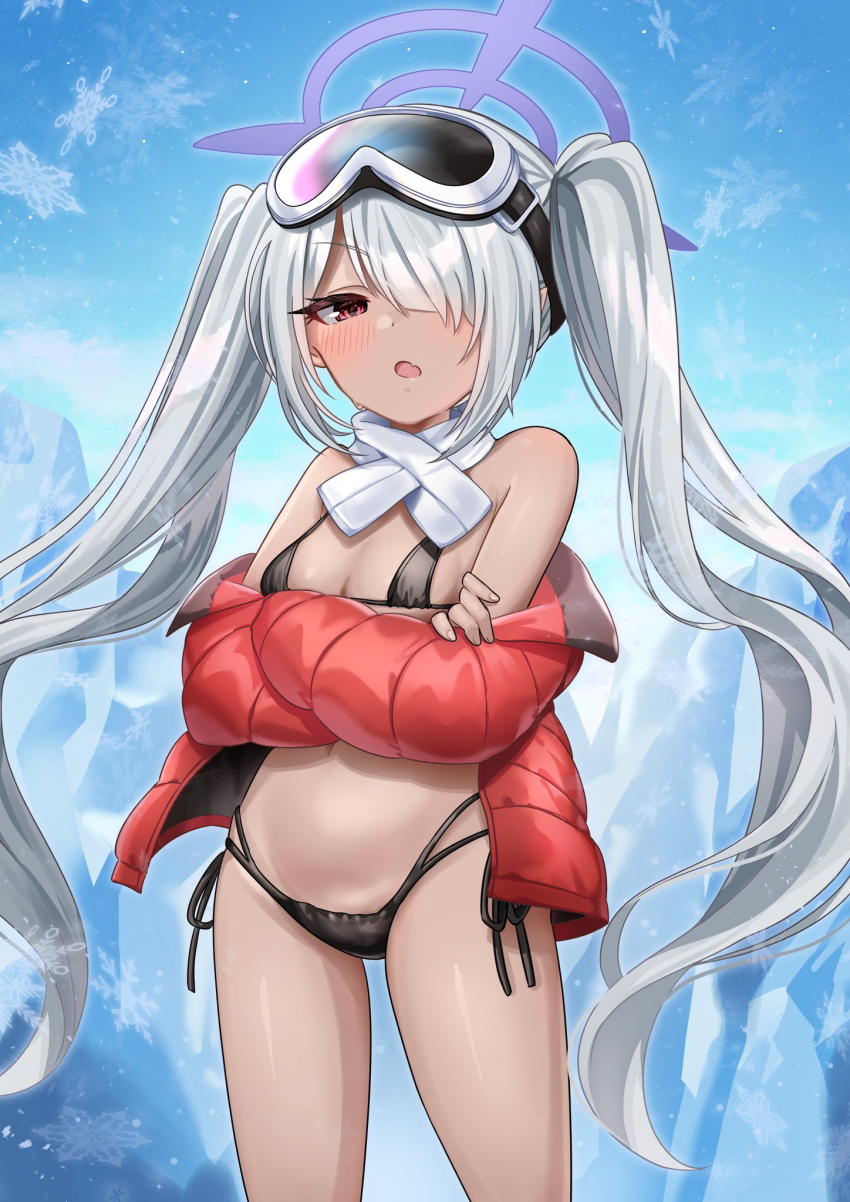 1girl bikini black_bikini blue_archive blue_sky blush breasts cleavage cosplay crossed_arms dark-skinned_female dark_skin eimi_(blue_archive) eimi_(blue_archive)_(cosplay) eimi_(swimsuit)_(blue_archive) grey_hair hair_over_one_eye highres iori_(blue_archive) jacket long_hair looking_at_viewer ma0rock open_mouth pointy_ears red_eyes red_jacket scarf sky small_breasts snow_goggles snowflakes swimsuit twintails white_scarf