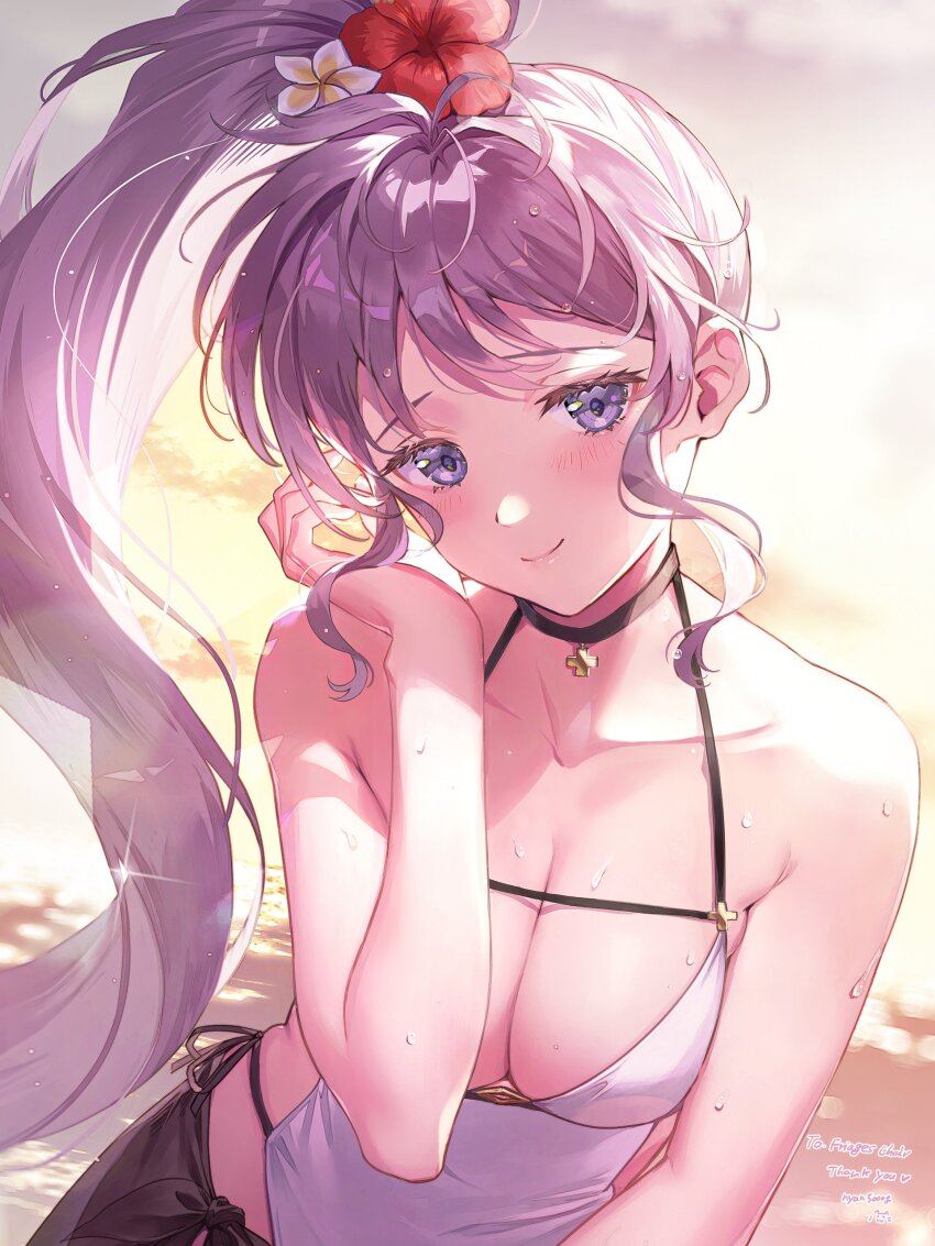 1girl absurdres artist_name breasts commission commissioner_upload fire_emblem fire_emblem:_genealogy_of_the_holy_war flower hair_flower hair_ornament highres ishtar_(fire_emblem) long_hair nintendo nyan5000 ponytail purple_eyes purple_hair side_ponytail swimsuit