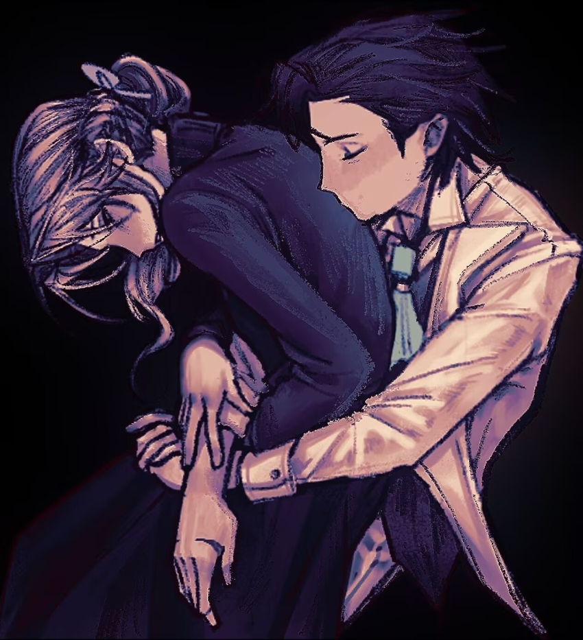 1boy 1girl alice_deross ascot beijingban18388 black_background chinese_commentary closed_eyes commentary_request greyscale highres hug hug_from_behind identity_v lapels large_variant_set long_hair long_sleeves monochrome notched_lapels orpheus_(identity_v) shirt short_hair skirt sweater turtleneck turtleneck_sweater variant_set