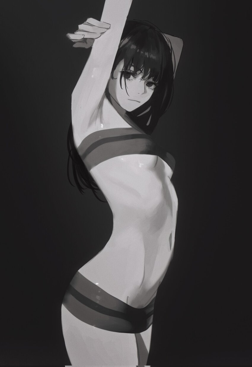 1girl armpits chainsaw_man highres long_hair looking_at_viewer mitaka_asa monochrome naked_ribbon navel revealing_clothes ribbon simple_background smile solo yao_liao_wang