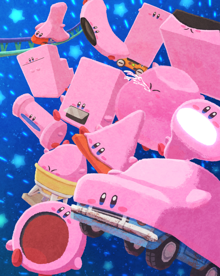 absurdres arch_mouth blush_stickers car car_mouth coaster_mouth cone_mouth dome_mouth highres kirby kirby_(series) kirby_and_the_forgotten_land light-bulb_mouth miclot motor_vehicle mouthful_mode nintendo no_humans open_mouth pipe_mouth ring_mouth roller_coaster scissor-lift_mouth spitting stairs stairs_mouth storage_mouth traffic_cone vending_machine vending_mouth water water-balloon_mouth