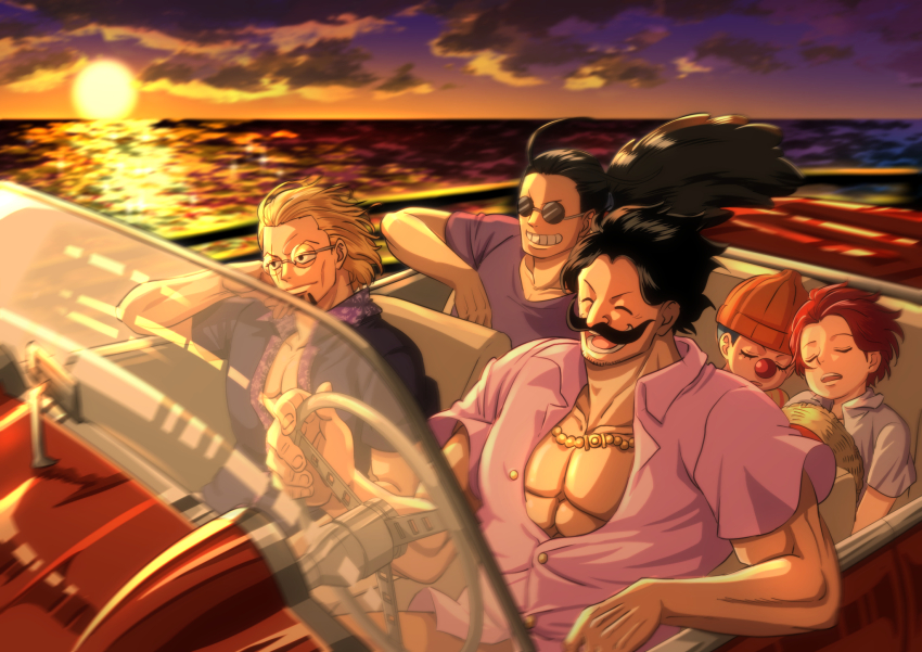 aged_down ahoge beanie black_facial_hair black_hair blonde_hair blue_hair blue_shirt buggy_the_clown car child closed_eyes closed_mouth cloud cloudy_sky clown_nose collarbone convertible driving facial_hair floral_print glasses gol_d._roger gold_necklace grin hair_slicked_back hat highres holding holding_unworn_clothes holding_unworn_hat jewelry left-hand_drive motor_vehicle musasabiop muscular muscular_male mustache necklace ocean one_piece open_mouth orange_headwear partially_unbuttoned pectoral_cleavage pectorals pink_shirt pirate ponytail purple_shirt red_hair red_nose round_eyewear scopper_gaban shanks_(one_piece) shirt short_sleeves silvers_rayleigh sky sleeping smile steering_wheel straw_hat sunglasses sunset unworn_hat unworn_headwear white_shirt wide_ponytail