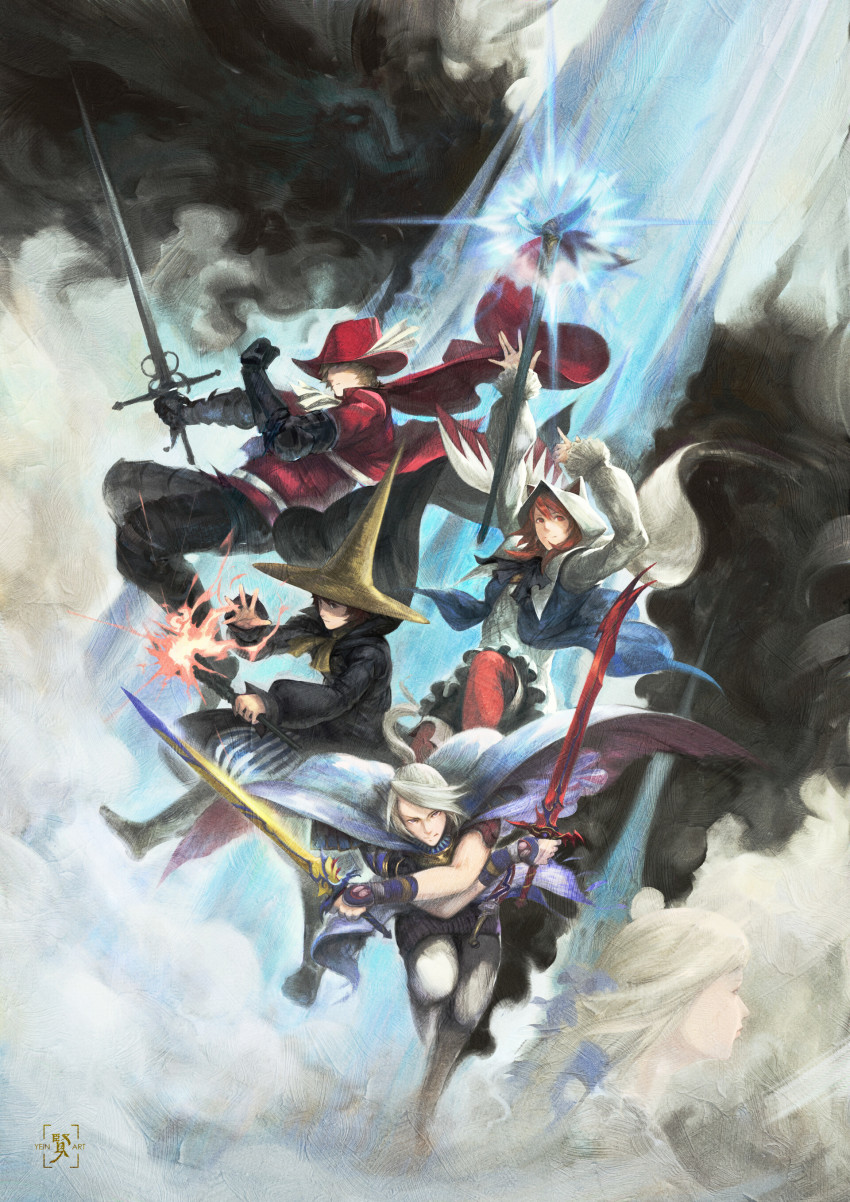 3boys 3girls absurdres animal_hood arc_(ff3) aria_benett ascot black_mage_(final_fantasy) blonde_hair blue_ascot brown_hair cape cat_hood cloud cloud_of_darkness covered_eyes dark_clouds edward_tsang feathers final_fantasy final_fantasy_iii full_body hat hat_feather highres holding holding_sword holding_weapon hood ingus looking_at_viewer luneth midair multiple_boys multiple_girls onion_knight ponytail red_headwear red_mage_(final_fantasy) refia scarf silver_hair smile square_enix staff sword weapon white_ascot white_feathers white_legwear white_mage_(final_fantasy) wizard_hat
