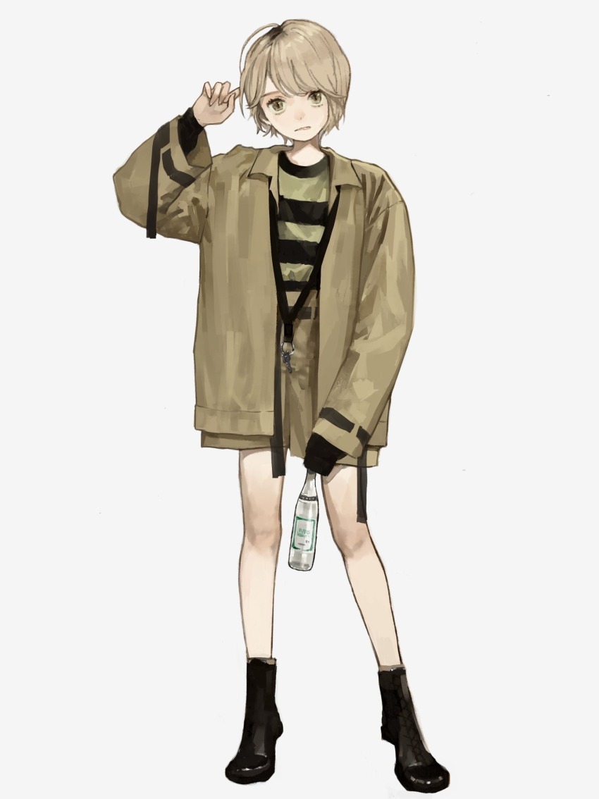 1girl ankle_boots arm_up black_boots black_shirt boots bottle brown_eyes brown_shorts closed_mouth collared_jacket full_body highres holding holding_bottle jacket key light_brown_hair long_sleeves looking_at_viewer original sakauchi_waka shirt short_hair shorts simple_background sleeves_past_fingers sleeves_past_wrists solo striped_clothes striped_shirt tachi-e two-tone_shirt white_background yellow_shirt