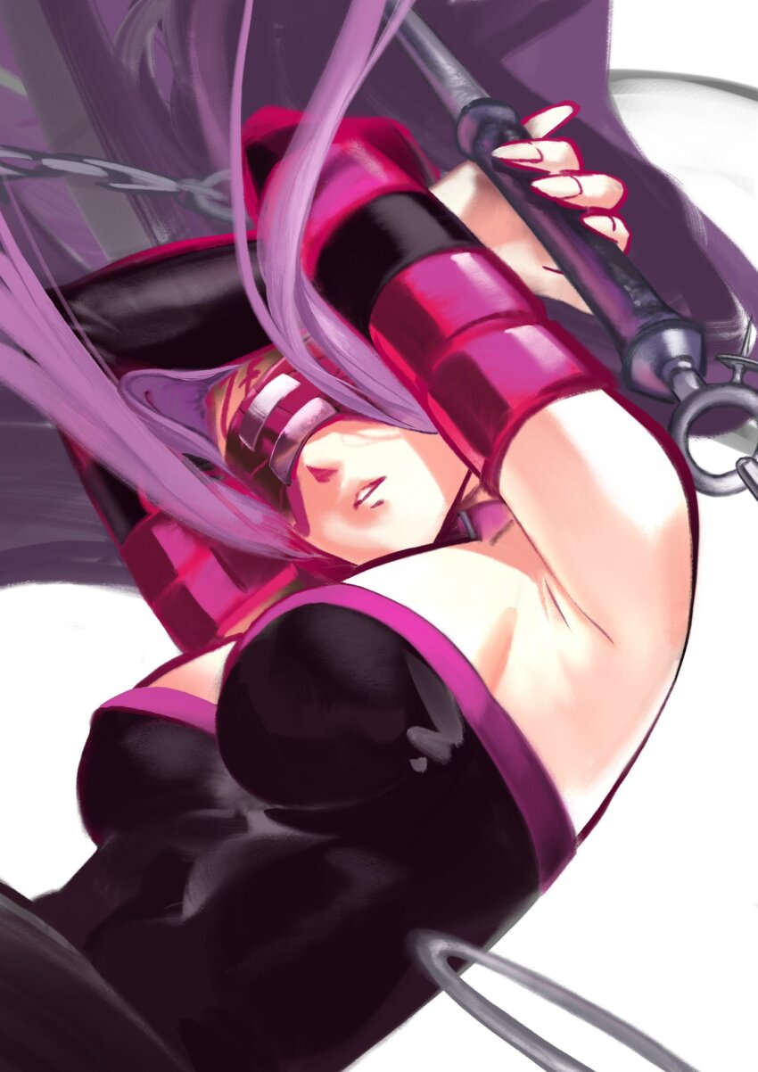 1girl 7enn arms_up bare_shoulders black_dress blindfold breasts cleavage dress facial_mark fate/stay_night fate_(series) forehead_mark highres holding holding_weapon long_hair medium_breasts medusa_(fate) medusa_(rider)_(fate) parted_lips purple_hair solo strapless strapless_dress upper_body very_long_hair weapon white_background