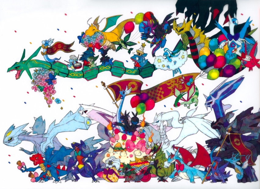 2012 6+others absurdres altaria animal_focus artist_request axew bagon box brother_and_sister cake chinese_zodiac closed_mouth colored_sclera deino_(pokemon) dialga dragon dragonair dragonite dratini druddigon fangs flag flyigon flying food fraxure gabite garchomp gen_1_pokemon gen_2_pokemon gen_3_pokemon gen_4_pokemon gen_5_pokemon gible giratina giratina_(origin) happy haxorus highres holding holding_flag horns hydreigon instrument kingdra kyurem latias latios legendary_pokemon looking_at_another looking_at_viewer multiple_others nintendo official_art open_mouth palkia pokemon pokemon_(creature) rayquaza red_eyes reshiram riding riding_pokemon salamence sharp_teeth shelgon siblings spiked_hair standing teeth trumpet vibrava white_background year_of_the_dragon zekrom zweilous