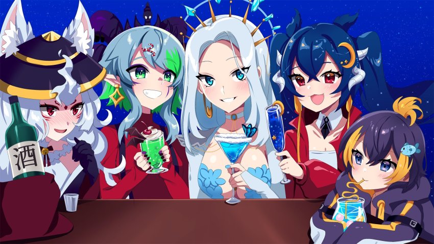 5girls animal_ears apricot_the_lich apricot_the_lich_(winter) black_hair blue_hair bottle breasts choker cleavage cloud9 collarbone cup detached_collar dragon_horns drinking_glass drinking_straw drinking_straw_in_mouth facial_mark fish_hair_ornament forehead_mark fox_ears fox_girl green_hair hair_ornament highres horns indie_virtual_youtuber large_breasts medium_breasts monarch_(amalee) monarch_(1st_costume)_(amalee) multicolored_hair multiple_girls multiple_horns nashirasauce nijisanji nijisanji_en nina_kosaka nina_kosaka_(1st_costume) orange_hair petra_gurin petra_gurin_(1st_costume) pointy_ears red_eyes red_sweater second-party_source shot_glass smile streaked_hair suspenders sweater twintails vienna_(vtuber) vienna_(vtuber)_(1st_costume) virtual_youtuber vshojo white_choker