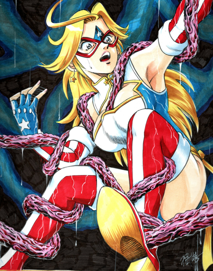 1girl blonde_hair blue_eyes boots highres kamen_america kamen_america_(comic) leotard long_hair open_mouth rain solo tentacles thigh_boots