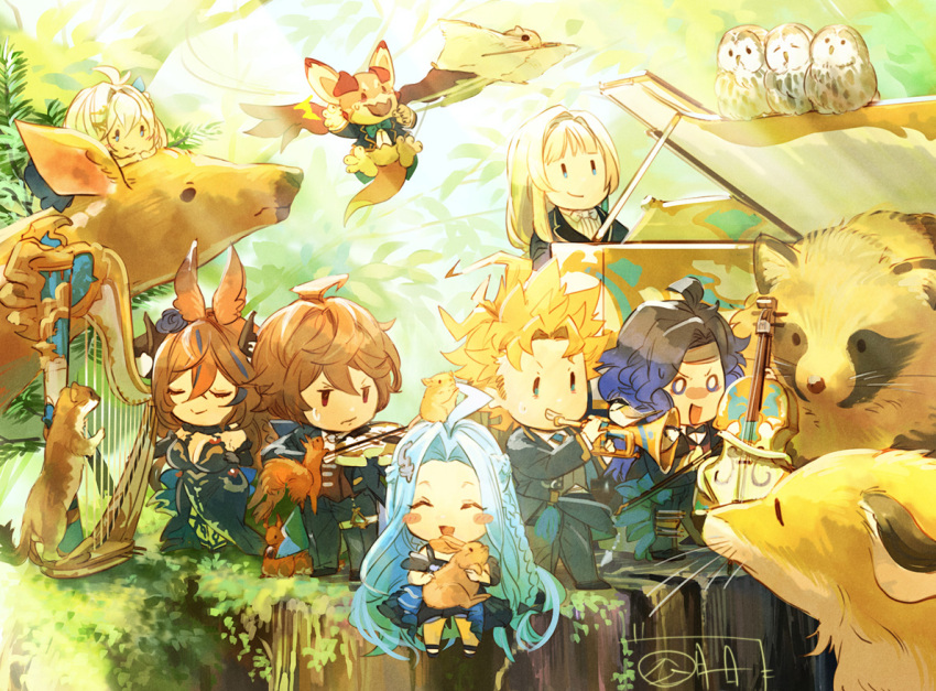 3girls 5boys ahoge animal_ears bandaged_head bandages bird blonde_hair blue_hair brown_hair cassius_(granblue_fantasy) closed_eyes deer dragon dress extra_ears flying_squirrel forest formal_clothes fox galleon_(granblue_fantasy) granblue_fantasy harp horns instrument long_hair lyria_(granblue_fantasy) messy_hair minimized multiple_boys multiple_girls nature open_mouth orchestra orologia_(male) otter owl piano raccoon seofon_(granblue_fantasy) shaodw22 short_hair small_dragon smile spiked_hair squirrel trumpet very_long_hair violin vyrn_(granblue_fantasy) white_hair yuni_(granblue_fantasy)