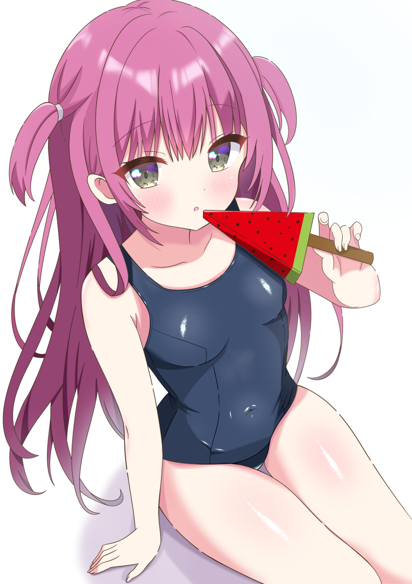 1girl absurdres blue_eyes blue_one-piece_swimsuit breasts commentary_request feet_out_of_frame food highres hiiragisensei katou_umi long_hair looking_at_viewer old_school_swimsuit one-piece_swimsuit popsicle purple_hair school_swimsuit simple_background small_breasts solo summer_pockets swimsuit two_side_up watermelon_bar white_background