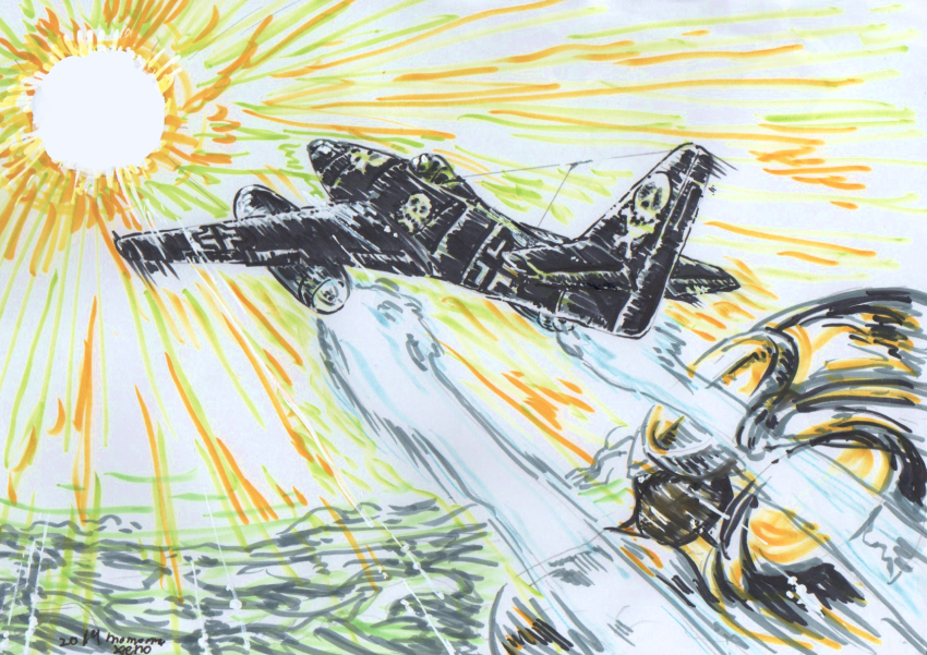 1970s_(style) 1boy afterburner aircraft airplane comic commentary_request contrail eyepatch fighter_jet flying goggles harlock hat highres jolly_roger light_rays luftwaffe marker_(medium) matsumoto_leiji_(style) me_262 military military_vehicle motion_lines oldschool oxygen_mask pilot pilot_suit propeller_fighter retro_artstyle scan sketch sun sunbeam sunlight takahashi_tomoyuki the_cockpit thrusters traditional_media upper_body world_war_ii