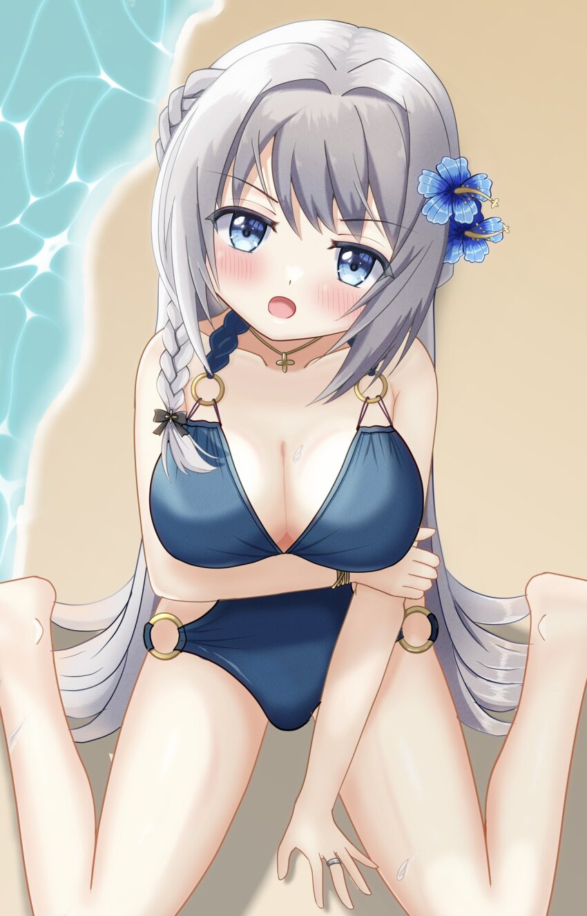 1girl blue_eyes braid breasts from_above highres large_breasts long_hair looking_at_viewer looking_up magia_record:_mahou_shoujo_madoka_magica_gaiden mahou_shoujo_madoka_magica maocake_kai sand solo water yakumo_mitama yakumo_mitama_(swimsuit_costume)