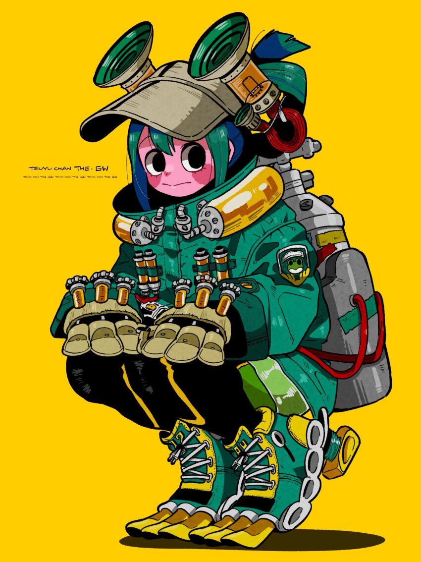 1girl :&gt; absurdres alternate_skin_color anna_(aannnaa3) aqua_boots asui_tsuyu badge baggy_clothes black_eyes black_outline blush_stickers bodysuit bodysuit_under_clothes boku_no_hero_academia boots cable character_name check_clothing clothing_request colored_skin commentary_request container flippers full_body gauge gloves green_hair grey_boots hair_rings hands_on_own_knees hands_up high_collar high_heels highres lace-up_boots lace-up_heels legs_together liquid long_sleeves looking_to_the_side mechanical_gloves no_pupils object_request official_alternate_costume official_alternate_hairstyle outline pink_skin pocket raincoat science_fiction see-through_clothes see-through_raincoat semi-transparent shade shadow short_hair sidelocks sideways_glance simple_background single_hair_ring solo split_mouth squatting sticker tank_(container) text_focus thigh_boots tiptoes tube updo valve visor_cap yellow_background yellow_boots yellow_gloves