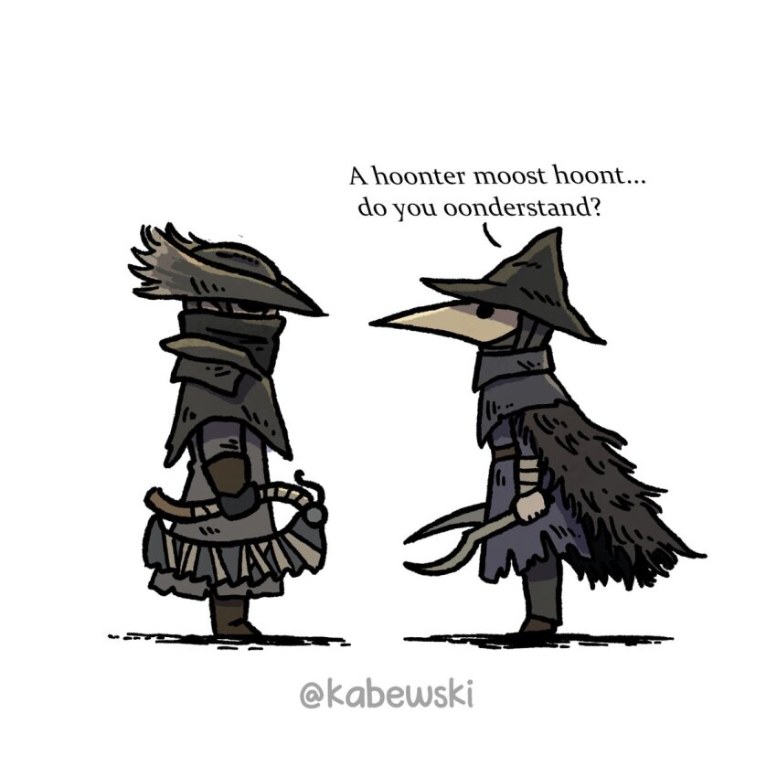 1girl 1other ambiguous_gender black_gloves bloodborne brown_hair brown_hat dual_wielding eileen_the_crow english_text from_side gloves hat highres holding holding_weapon hunter_(bloodborne) kabewski mask mouth_mask plague_doctor_mask saw saw_cleaver short_hair simple_background standing weapon white_background