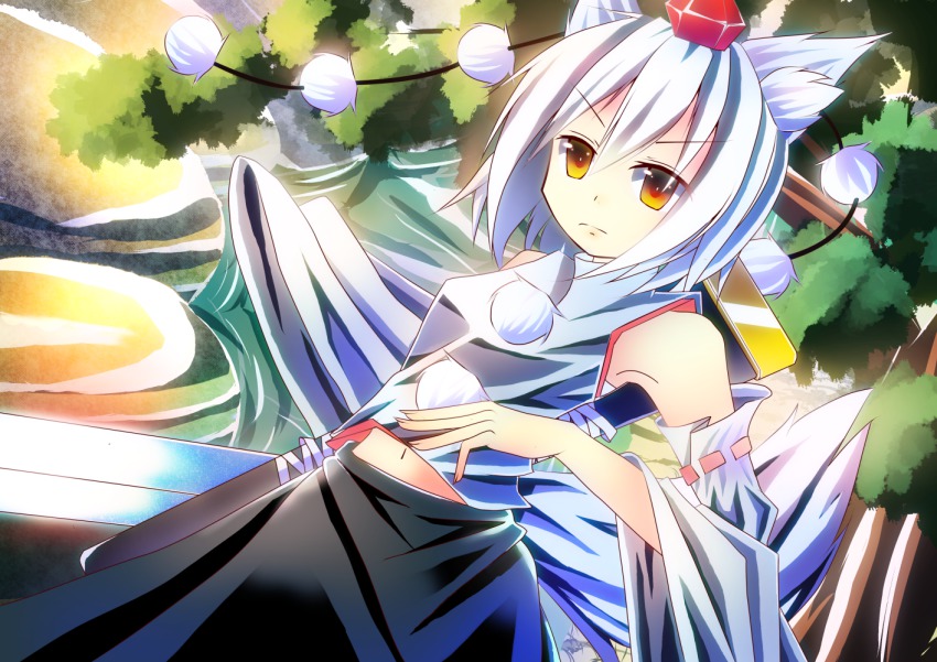1girl animal_ears bare_shoulders detached_sleeves female_focus hat inubashiri_momiji looking_at_viewer midriff nature navel orange_eyes peisuto pom_pom_(clothes) sarashi short_hair silver_hair solo sword tail tokin_hat touhou tree weapon weapon_bag wolf_ears wolf_tail