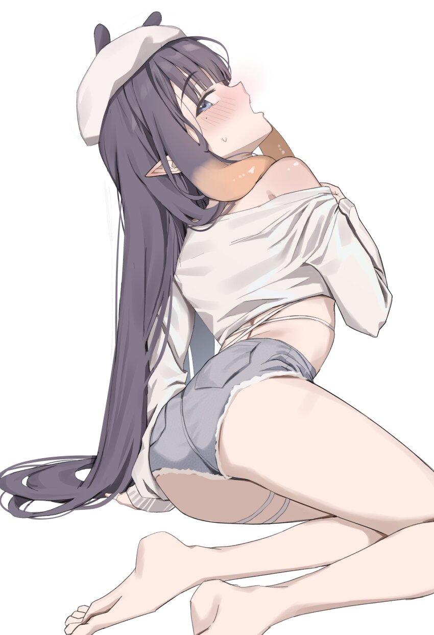 1girl absurdres arm_support ass barefoot beret blue_eyes blush gradient_hair grey_shorts hat highres hololive hololive_english long_hair micro_shorts multicolored_hair ninomae_ina&#039;nis pointy_ears purple_hair scarlet_(wv0102) shirt shorts solo sweatdrop tentacle_hair virtual_youtuber white_shirt