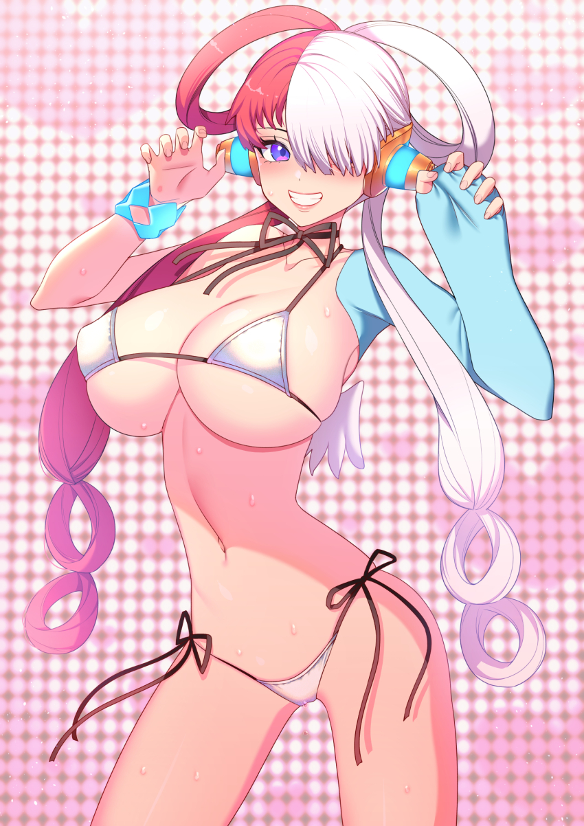 1girl alternate_costume bikini highres long_hair micro_bikini multicolored_hair navel one_piece red_hair santa_(sunflower) solo sweat swimsuit twitter two-tone_hair uta_(one_piece) white_hair