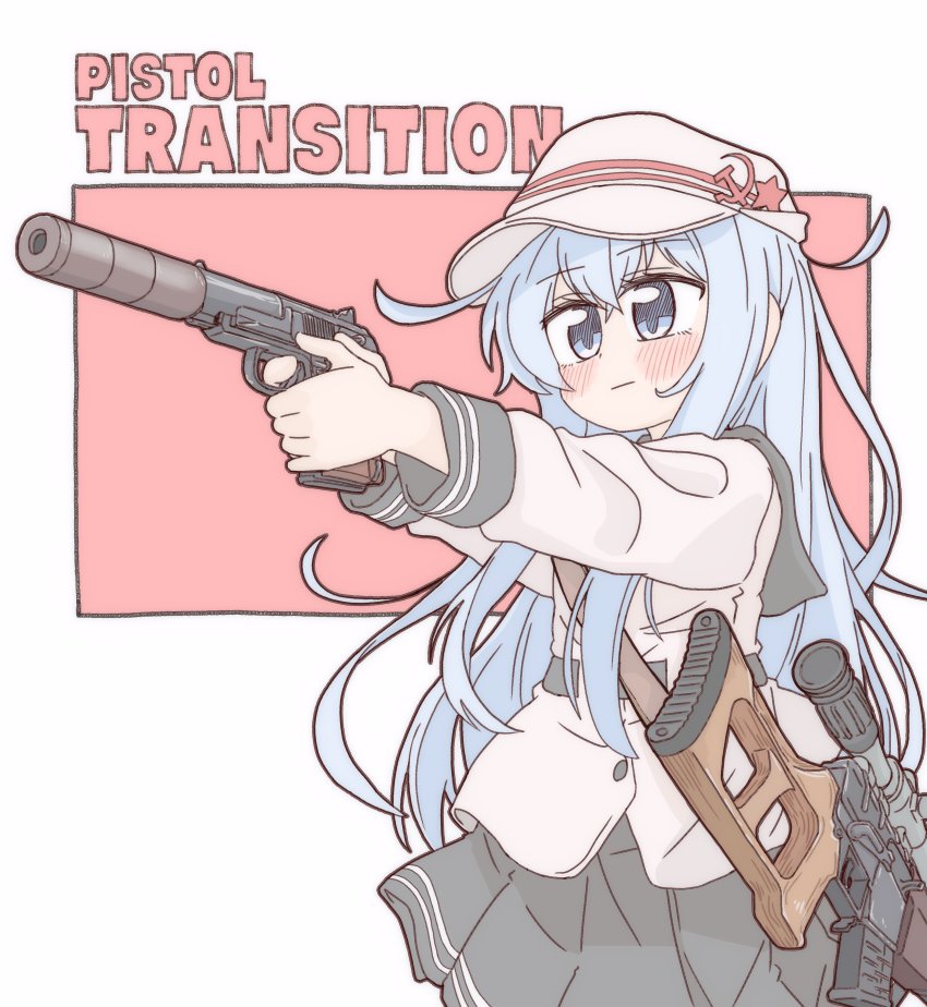 1girl absurdres blue_eyes bocchi-ya-nawi grey_eyes gun handgun hat hibiki_(kancolle) highres holding holding_gun holding_weapon integral_suppressor integrally-suppressed_firearm izhevsk_mechanical_plant kalashnikov_concern kantai_collection lat_cap long_hair pb_pistol pistol rifle school_uniform serafuku skirt sniper_rifle solo suppressor thighhighs toz_(tulsky_oruzheiny_zavod) tsniitochmash tula_arms_plant verniy_(kancolle) vss_vintorez weapon white_hair