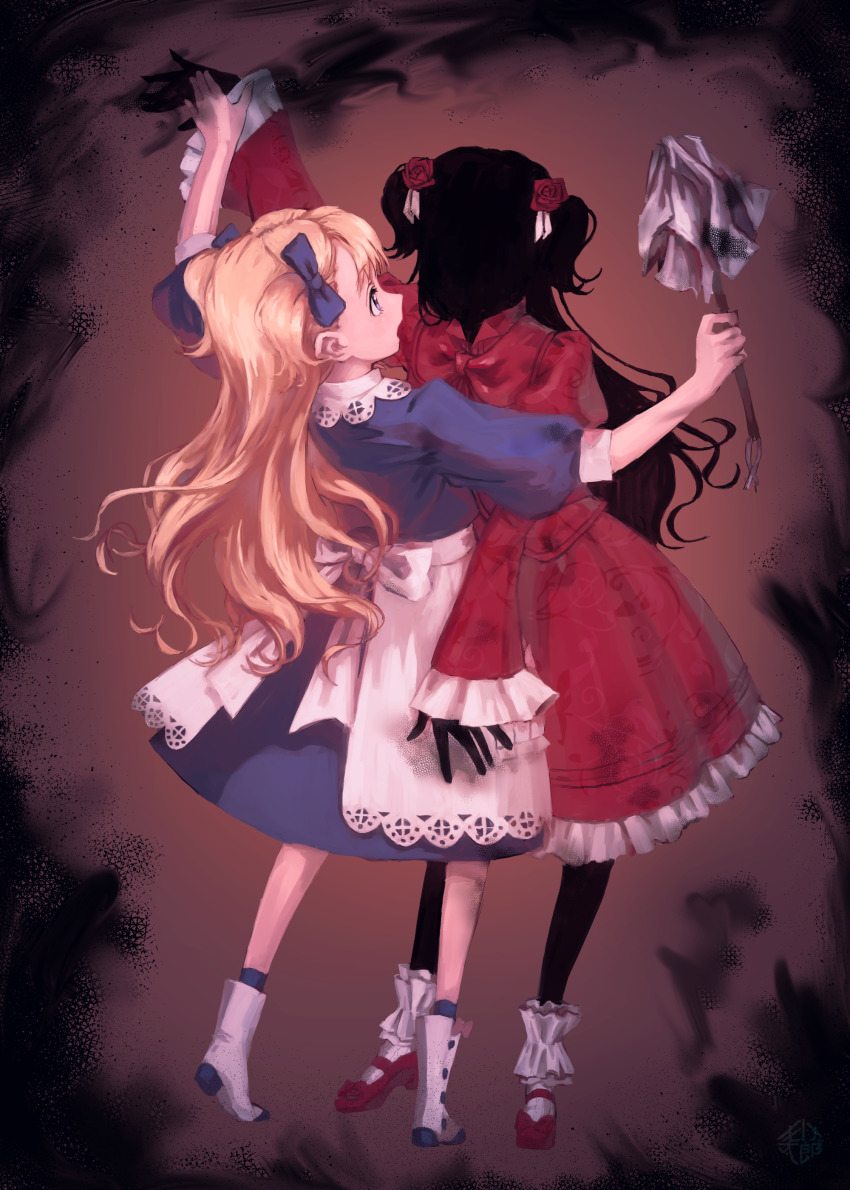 2girls absurdres apron blonde_hair blue_dress dancing dress duster emilico_(shadows_house) frills full_body highres kate_(shadows_house) long_hair long_sleeves medium_dress momomogeta multiple_girls purple_eyes red_dress shadows_house shoes silhouette twintails two_side_up