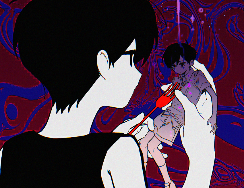2boys abstract_background antenna_hair bags_under_eyes bare_arms bare_shoulders black_eyes black_hair black_shirt blood bloody_tears blue_background blue_blood chromatic_aberration closed_mouth collared_shirt colored_skin commentary_request dual_persona empty_eyes expressionless eye_contact face-to-face feet_out_of_frame fork from_behind hair_behind_ear hair_between_eyes highres holding holding_fork holding_mini_person knees_together_feet_apart looking_at_another male_focus mini_person miniboy multiple_boys no_mouth no_pupils omori omori_(omori) partially_colored portrait red_background rou_(h_s_sinrin) shirt shoes short_hair short_sleeves shorts simple_background sleeveless sleeveless_shirt sunny_(omori) sweater_vest two-tone_background very_short_hair white_skin