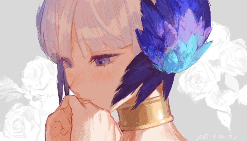 1girl arms_up commentary feather_hair_ornament feathers floral_background flower grey_background gwendolyn_(odin_sphere) hair_ornament highres jewelry mossan351 neck_ring odin_sphere own_hands_together purple_eyes solo symbol-only_commentary upper_body white_flower white_hair