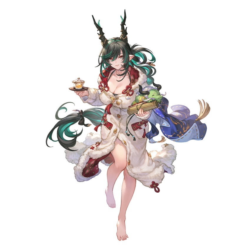 barefoot black_hair breasts cleavage collarbone colored_inner_hair dragon_girl dragon_horns draph full_body granblue_fantasy green_hair horns large_breasts long_hair minaba_hideo mole mole_under_mouth multicolored_eyes multicolored_hair official_alternate_costume official_art payila_(event)_(granblue_fantasy) payila_(granblue_fantasy) pointy_ears red_eyes robe stuffed_animal stuffed_dragon stuffed_toy transparent_background two-tone_eyes very_long_hair white_robe