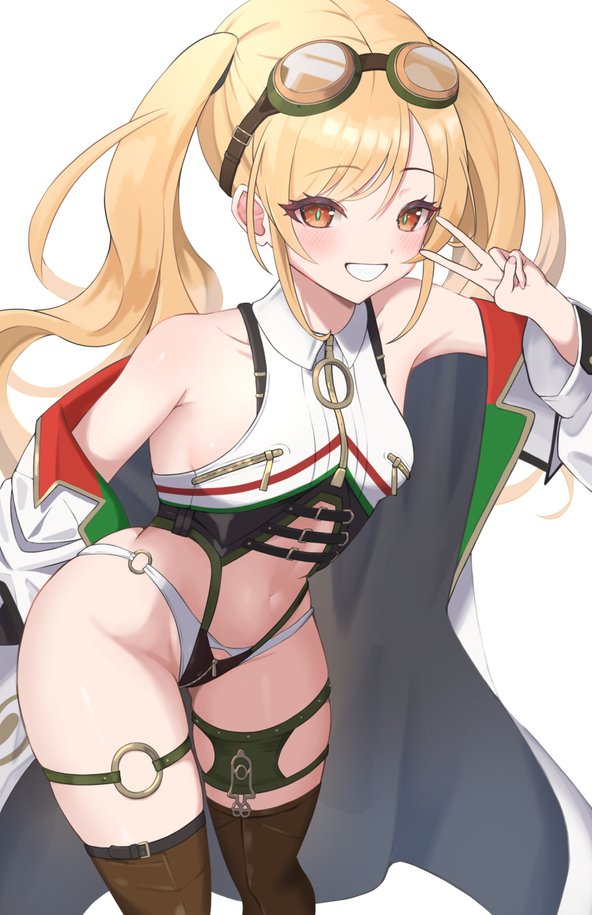 1girl azur_lane bare_shoulders bikini blonde_hair blush breast_zipper breasts clothes_pull clothing_cutout coat collared_one-piece_swimsuit crotch_zipper goggles goggles_on_head green_pupils grin groin hair_over_one_eye hand_up happy highres hip_focus jacket jacket_pull leaning_forward leonardo_da_vinci_(azur_lane) long_hair midriff navel o-ring o-ring_bikini o-ring_bottom o-ring_thigh_strap off_shoulder one-piece_swimsuit open_clothes open_coat orange_eyes rizzy slit_pupils small_breasts smile solo standing stomach_cutout swimsuit thigh_strap thighs twintails v v_over_eye very_long_hair