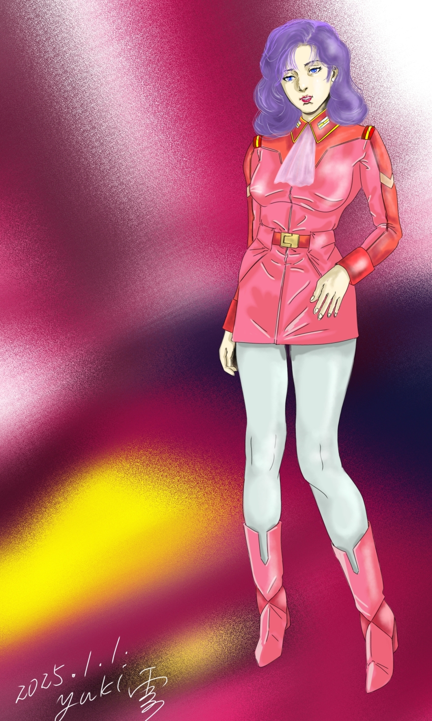 1girl 2025 absurdres belt blue_eyes blurry blurry_background boots commentary_request dated empty_eyes grin gundam highres mecha military_uniform mobile_suit pants pink_scarf psyco_gundam_mk_ii purple_hair red_lips robot rosamia_badam scarf science_fiction signature smile titans_(gundam) when_you_see_it white_pants yuki_xue_ying zeta_gundam