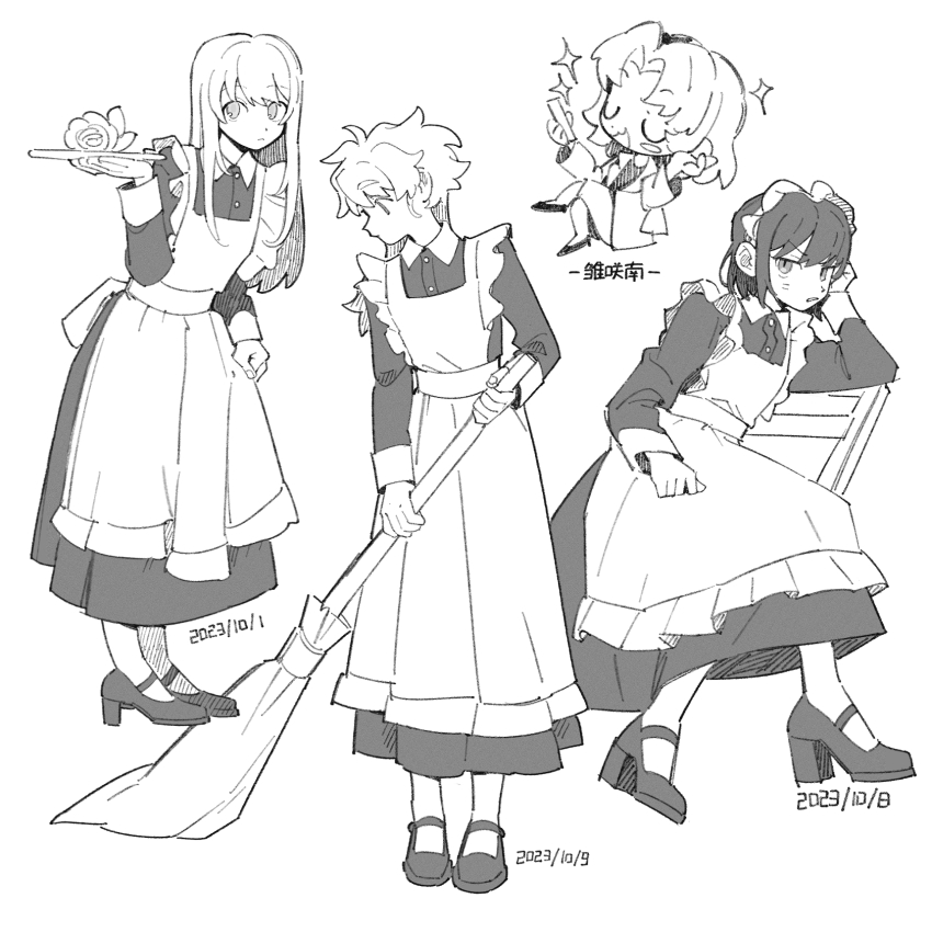 4girls apron broom closed_eyes dated greyscale hand_up highres holding holding_broom long_hair long_sleeves looking_at_viewer maid maid_apron minamip monochrome multiple_girls original short_hair sitting standing