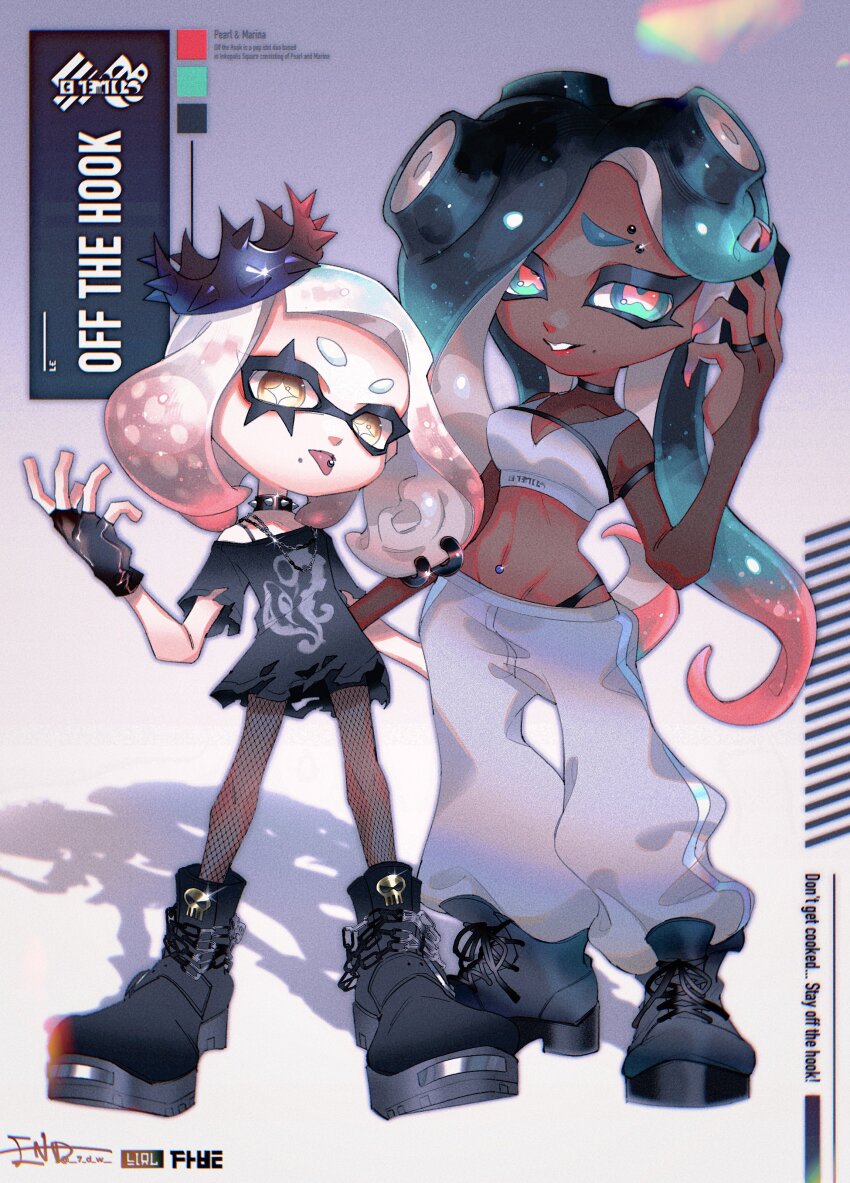 2girls :p absurdres artist_name baggy_pants black_choker black_footwear black_gloves black_hair black_shirt boots breasts cephalopod_eyes character_name choker cleavage colored_tips commentary crop_top cross-laced_footwear crown dark-skinned_female dark_skin end_(7_d_w) english_text eyelashes facial_mark fingerless_gloves fishnet_pantyhose fishnets full_body furrowed_brow gloves gradient_background gradient_hair green_eyes green_hair grey_pants headphones highres inkling inkling_(language) long_hair looking_at_viewer marina_(splatoon) marina_(springfest)_(splatoon) medium_hair mole mole_under_mouth multicolored_hair multiple_girls navel_piercing nintendo octoling pants pantyhose pearl_(splatoon) pearl_(springfest)_(splatoon) piercing pink_hair print_shirt red_pupils shadow shirt short_eyebrows signature single_bare_shoulder smile splatoon_(series) splatoon_3 standing star-shaped_pupils star_(symbol) symbol-shaped_pupils teeth tentacle_hair thick_eyebrows tongue tongue_out tongue_piercing two-tone_hair white_hair yellow_eyes yellow_pupils