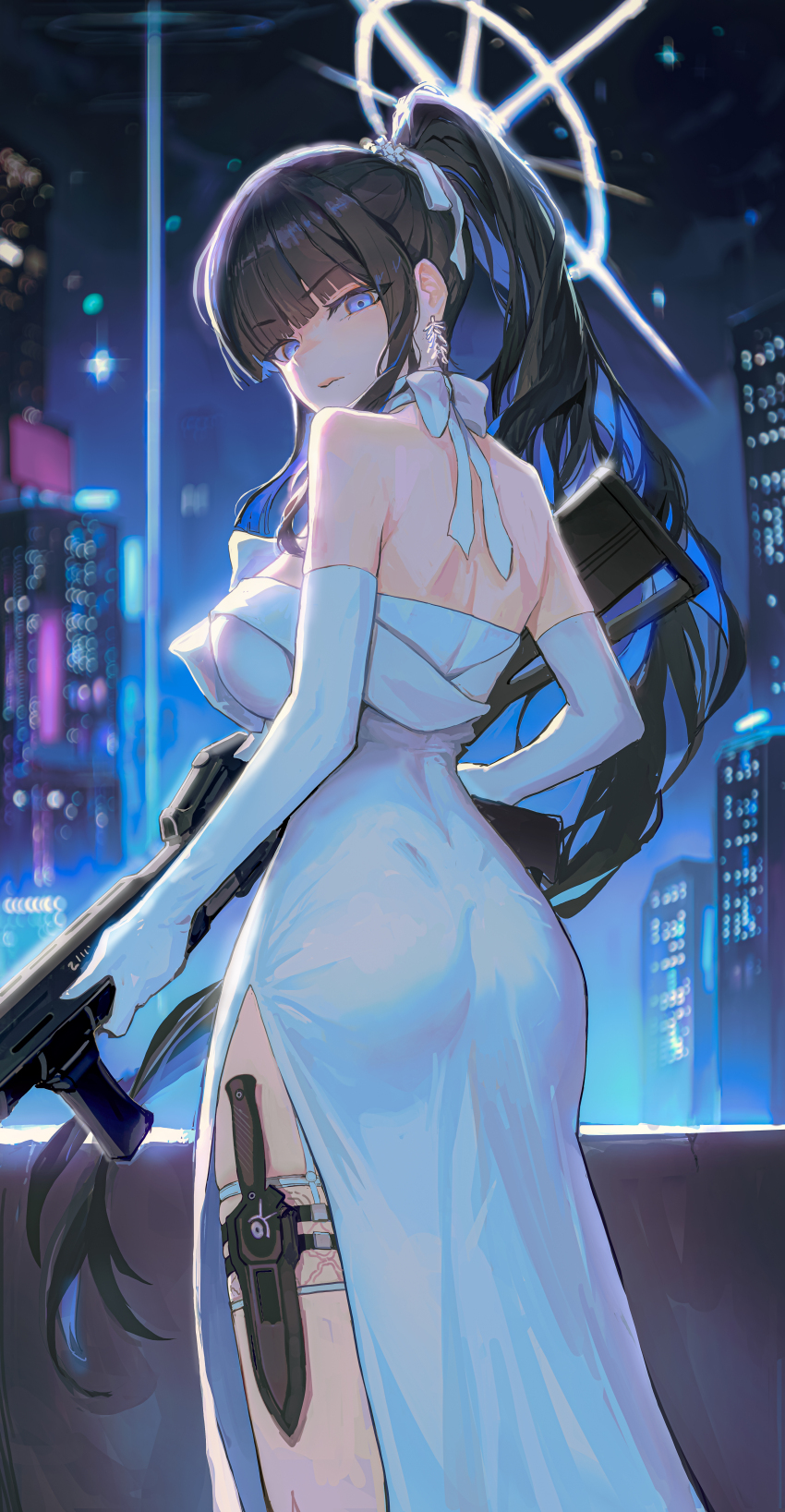 1girl absurdres ass assault_rifle bare_shoulders black_hair blue_archive blue_eyes blunt_bangs bow breasts cho_gum closed_mouth commentary dress earrings elbow_gloves evening_gown from_behind gloves gun halo high_ponytail highres holding holding_gun holding_weapon jewelry knife_sheath large_breasts long_hair looking_at_viewer looking_back night outdoors ponytail rifle saori_(blue_archive) saori_(dress)_(blue_archive) sheath sig_516 sig_sauer solo strapless strapless_dress thigh_sheath very_long_hair weapon white_bow white_dress