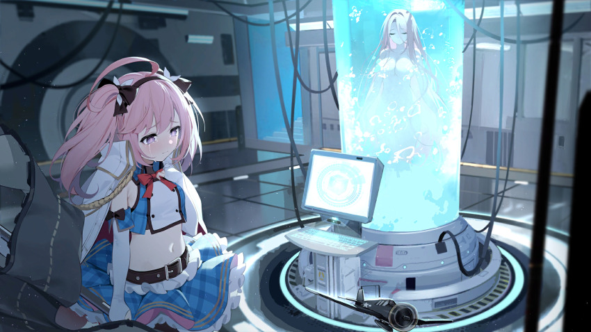 2girls ahoge aircraft airplane azur_lane black_pantyhose bow bowtie breasts broken_leg bubble cable closed_eyes crying detached_sleeves gloves headband highres in_container indoors jacket lexington_(azur_lane) liquid long_hair machinery military_jacket multiple_girls navel non-web_source nude official_art pantyhose pink_hair purple_eyes rigging saratoga_(azur_lane) saratoga_(retrofit)_(azur_lane) staff stasis_tank tube twintails wisdom_cube_(azur_lane)