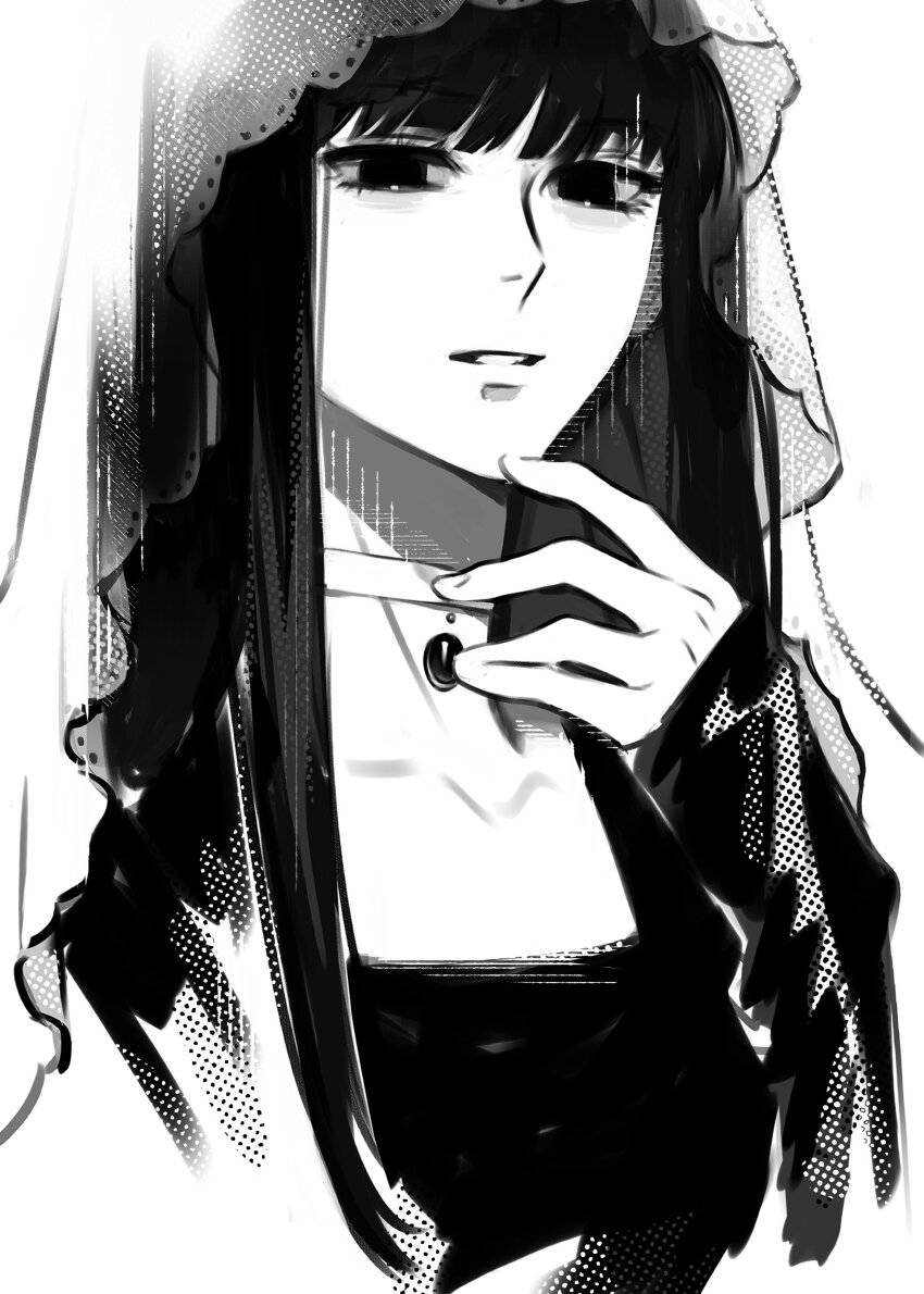 1girl 5a1_uei absurdres black_dress black_eyes black_hair breasts choker collarbone dress hand_on_own_face highres long_hair looking_down looking_to_the_side monochrome osaragi_(sakamoto_days) parted_lips sakamoto_days simple_background small_breasts solo teeth upper_body veil white_background white_choker