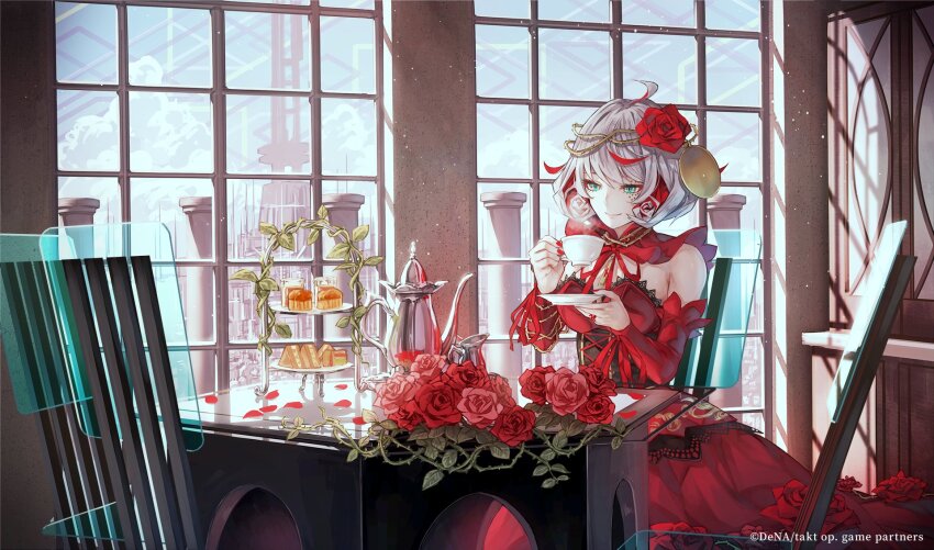 1girl anna_schneider aqua_eyes bare_shoulders cake cake_slice closed_mouth colored_inner_hair corset cross-laced_clothes cross-laced_corset crown_of_thorns cup destiny_(takt_op.) detached_collar detached_sleeves disposable_cup dress eyeshadow flower flower-trimmed_dress food grey_hair hair_flower hair_ornament highres holding holding_cup holding_saucer kaoming long_sleeves looking_down makeup multicolored_hair official_art petals red_dress red_eyeshadow red_flower red_hair red_rose red_sleeves rose rose_petals saucer sitting smile strapless strapless_dress takt_op. tea_party tea_set teacup teapot thorns