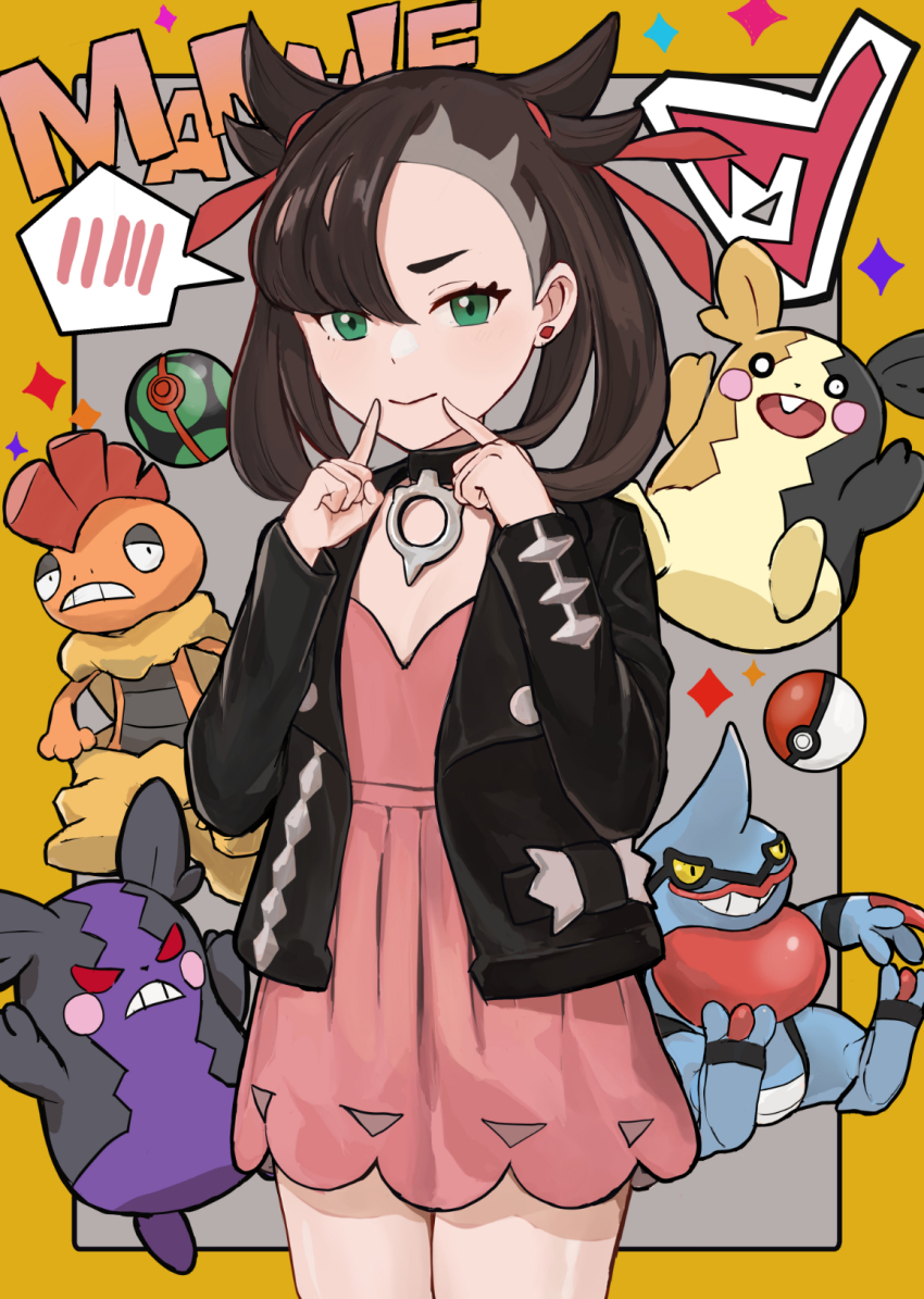 1girl asymmetrical_bangs black_choker black_jacket border character_name choker closed_mouth commentary dress dusk_ball earrings fingersmile gen_4_pokemon gen_5_pokemon gen_8_pokemon green_eyes hair_ribbon hands_up highres jacket jewelry light_smile looking_at_viewer marnie_(pokemon) morpeko morpeko_(full) morpeko_(hangry) nintendo pendant_choker pink_dress poke_ball pokemon pokemon_(creature) pokemon_swsh ribbon scrafty short_dress solo_focus sparkle spoken_blush stud_earrings tentaizukan toxicroak twintails undercut yellow_border